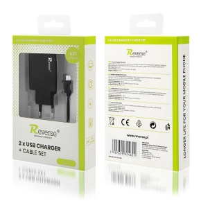 REVERSE U21 2xUSB Wall Charger + Micro Cable 2.1A Black