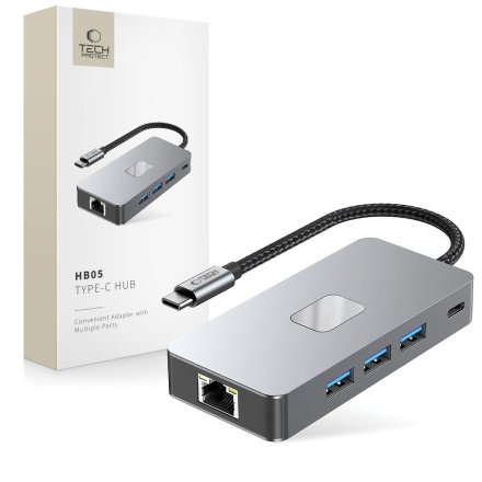 TECH-PROTECT HB05 HUB ADAPTER 9IN1 TYPE-C + USB2.0 + USB3.0 + HDMI 4K 60HZ + SD/TF + PD100W + RJ45 1000M SPACE GREY