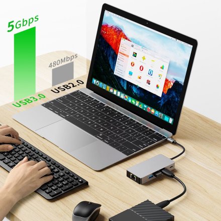 TECH-PROTECT HB05 HUB ADAPTER 9IN1 TYPE-C + USB2.0 + USB3.0 + HDMI 4K 60HZ + SD/TF + PD100W + RJ45 1000M SPACE GREY