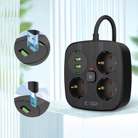 TECH-PROTECT PCS3X4 POWER STRIP 2 USB & 2 TYPE-C & 3 SOCKET 200CM BLACK