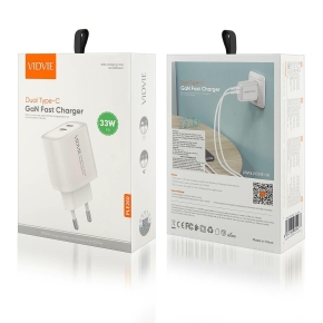 Ładowarka sieciowa VIDVIE PLE260 2xType-C + kabel Type-C/Type-C 3A 33W GaN compatible PD20W biały