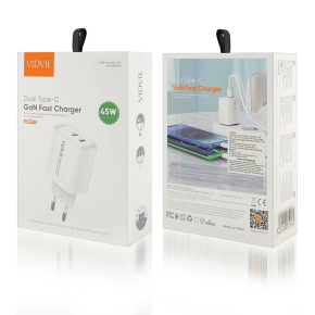 Travel charger VIDVIE PLE261 3A 45W GaN 2xType-C+Type-C/iPhone cable white