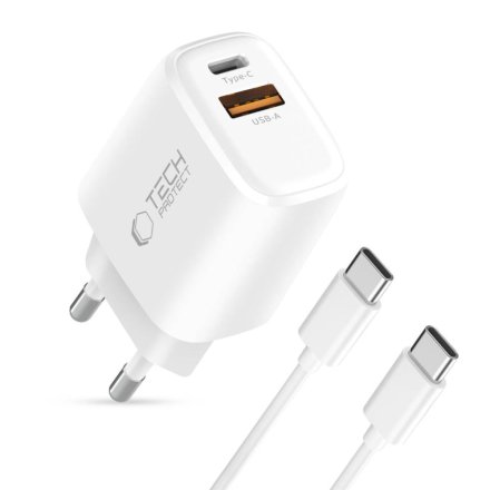 TECH-PROTECT NCA20 2-PORT NETWORK CHARGER PD 20W / QC3.0 + TYPE-C CABLE WHITE