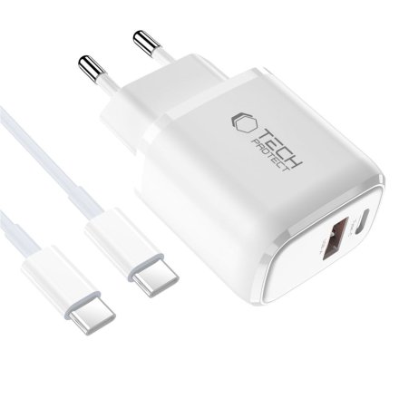 TECH-PROTECT NCA20 2-PORT NETWORK CHARGER PD 20W / QC3.0 + TYPE-C CABLE WHITE