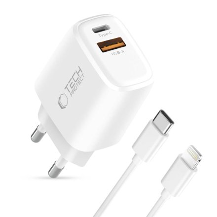 TECH-PROTECT NCA30 2-PORT NETWORK CHARGER PD 30W / QC3.0 + LIGHTNING CABLE WHITE