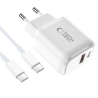 TECH-PROTECT NCA30 2-PORT NETWORK CHARGER PD 30W / QC3.0 + TYPE-C CABLE WHITE