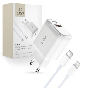 TECH-PROTECT C20W 2-PORT NETWORK CHARGER PD 20W  QC3.0 + LIGHTNING CABLE WHITE
