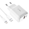 TECH-PROTECT C20W 2-PORT NETWORK CHARGER PD 20W  QC3.0 + LIGHTNING CABLE WHITE
