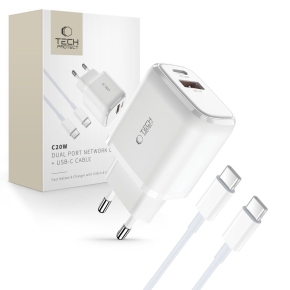 TECH-PROTECT C20W 2-PORT NETWORK CHARGER PD 20W  QC3.0 + TYPE-C CABLE WHITE