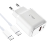 TECH-PROTECT C20W 2-PORT NETWORK CHARGER PD 20W  QC3.0 + TYPE-C CABLE WHITE