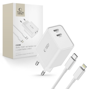 TECH-PROTECT C35W 2-PORT NETWORK CHARGER PD 35W + LIGHTNING CABLE WHITE