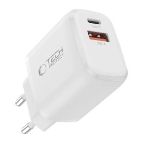 TECH-PROTECT NCA30 2-PORT NETWORK CHARGER PD 30W  QC3.0 + TYPE-C CABLE WHITE