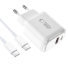 TECH-PROTECT NCA20 2-PORT NETWORK CHARGER PD 20W  QC3.0 + TYPE-C CABLE WHITE
