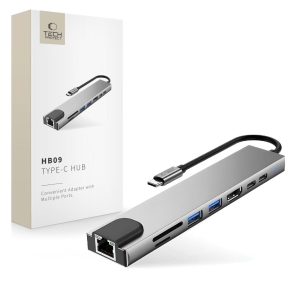 TECH-PROTECT HB09 HUB ADAPTER 8IN1 TYPE-C + USB-A3.0 + USB-C3.0 + HDMI 4K 60HZ + SDTF + PD100W + RJ45 1000MBS SPACE GREY